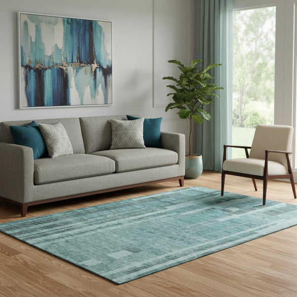 HomeRoots 5' X 8' Teal And Aqua Striped Area Rug – Durable, Washable, UV-Protected for Indoor & Outdoor Use! 683293