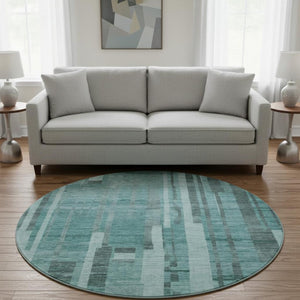 HomeRoots 8' Teal and Aqua Striped Round Rug - Washable, UV-Protected, Stylish, Durable for Indoor & Outdoor Use 683294
