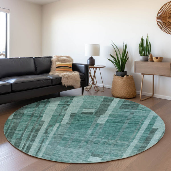 HomeRoots 8' Teal and Aqua Striped Round Rug - Washable, UV-Protected, Stylish, Durable for Indoor & Outdoor Use 683294