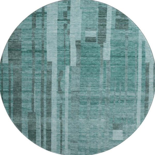 HomeRoots 8' Teal and Aqua Striped Round Rug - Washable, UV-Protected, Stylish, Durable for Indoor & Outdoor Use 683294
