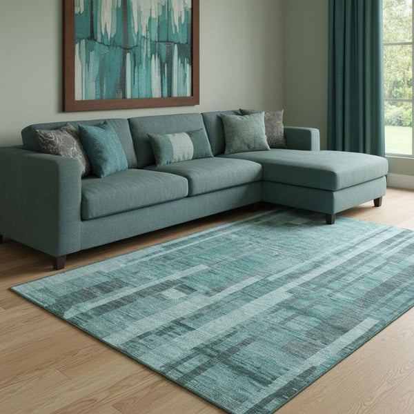 HomeRoots 8' X 10' Vibrant Teal & Aqua Striped Washable Area Rug with UV Protection for Family-Friendly Homes 683295