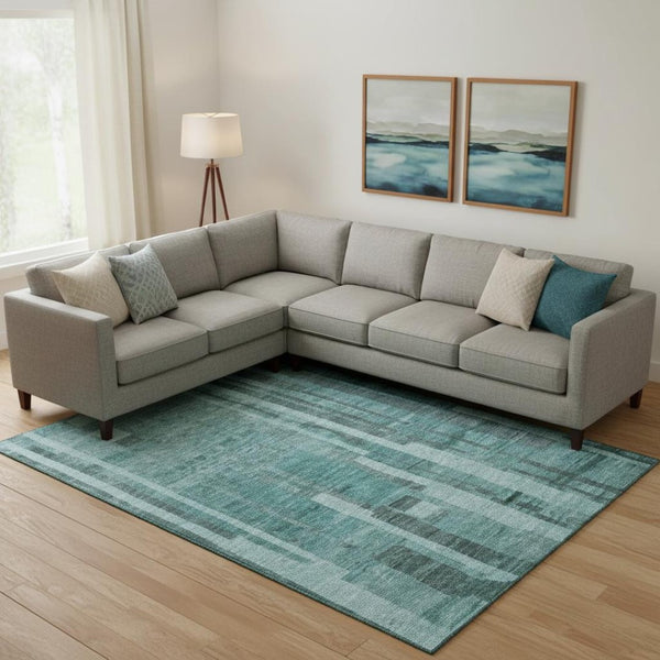 HomeRoots 9' X 12' Teal and Aqua Striped Area Rug - Washable, UV Protected, Stain Resistant for Busy Homes 683296