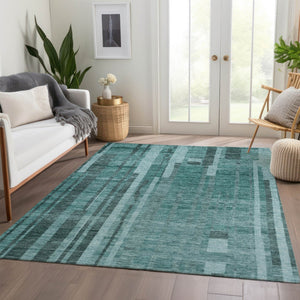 HomeRoots 10' X 14' Teal and Aqua Striped Washable Area Rug with UV Protection for High-Traffic Spaces 683297