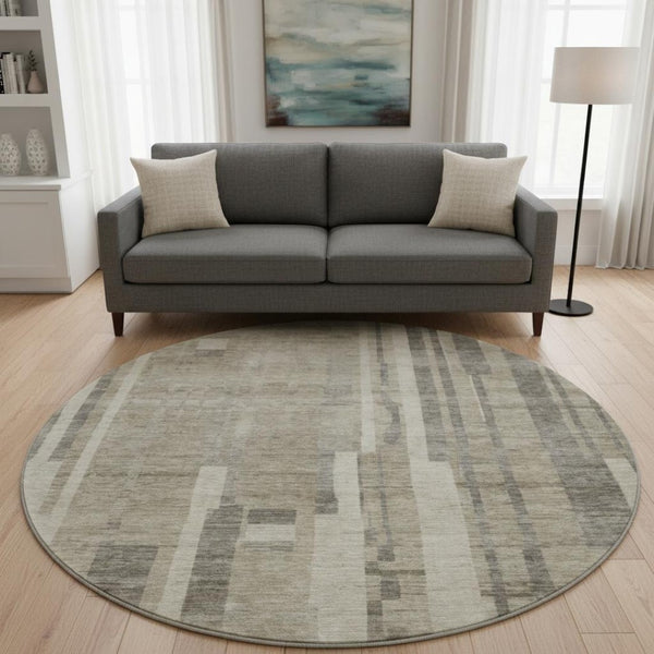 HomeRoots 8' Washable Round Rug in Taupe & Beige Stripes - Durable, UV-Protected, Stain-Resistant for Homes 683300