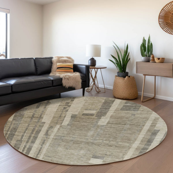 HomeRoots 8' Washable Round Rug in Taupe & Beige Stripes - Durable, UV-Protected, Stain-Resistant for Homes 683300