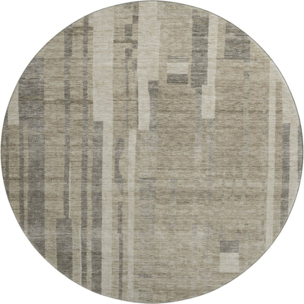 HomeRoots 8' Washable Round Rug in Taupe & Beige Stripes - Durable, UV-Protected, Stain-Resistant for Homes 683300
