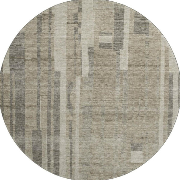 HomeRoots 8' Washable Round Rug in Taupe & Beige Stripes - Durable, UV-Protected, Stain-Resistant for Homes 683300