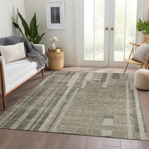 HomeRoots 9' X 12' Taupe & Beige Striped Area Rug - Washable, UV-Protected, Durable & Stylish for Any Room 683302