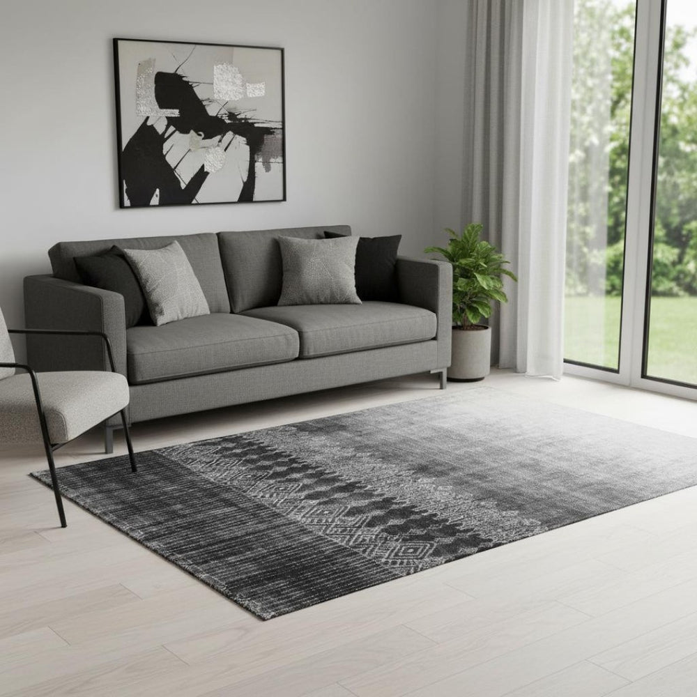 HomeRoots 5' X 8' Contemporary Black Silver Gray Ombre Washable Area Rug with UV Protection for Busy Homes 683305