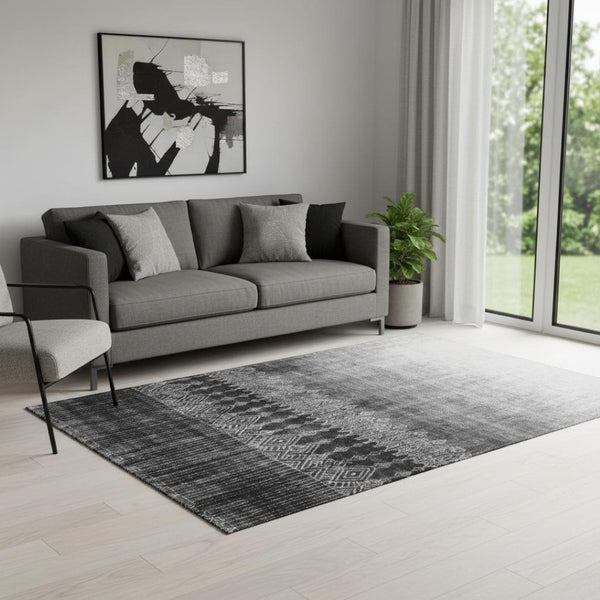 HomeRoots 5' X 8' Contemporary Black Silver Gray Ombre Washable Area Rug with UV Protection for Busy Homes 683305