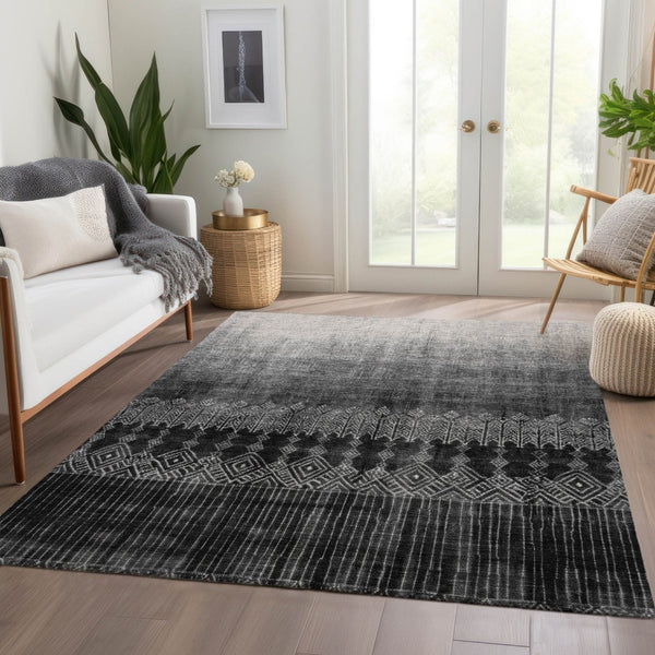 HomeRoots 5' X 8' Contemporary Black Silver Gray Ombre Washable Area Rug with UV Protection for Busy Homes 683305