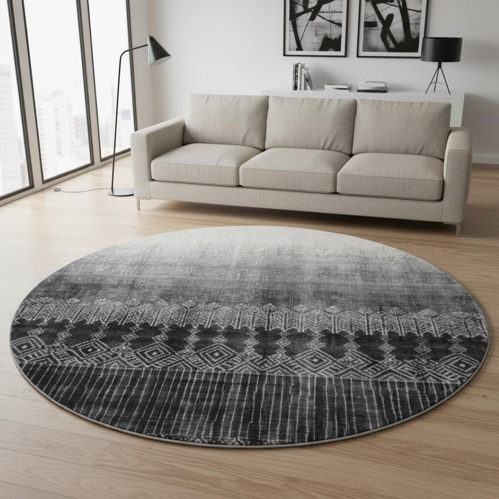 HomeRoots 8' Washable Round Rug - Stylish Black to Gray Ombre Design with UV Protection & Stain Resistance 683306
