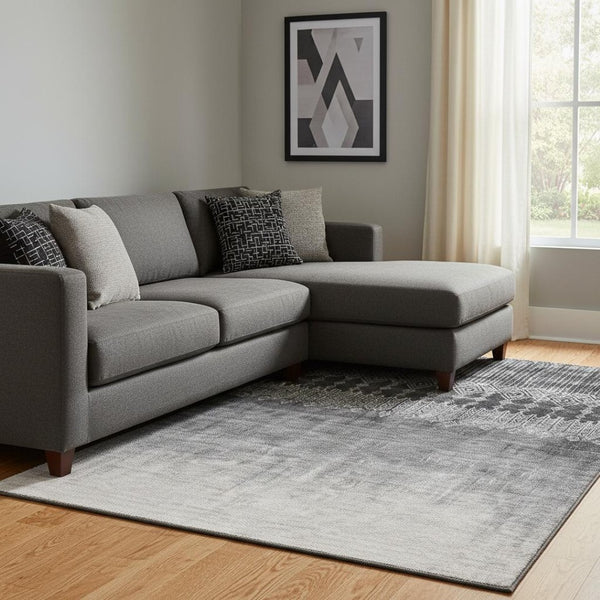 HomeRoots 8' X 10' Modern Ombre Black Silver Gray Area Rug - Washable, Stain Resistant, UV Protected Design 683307