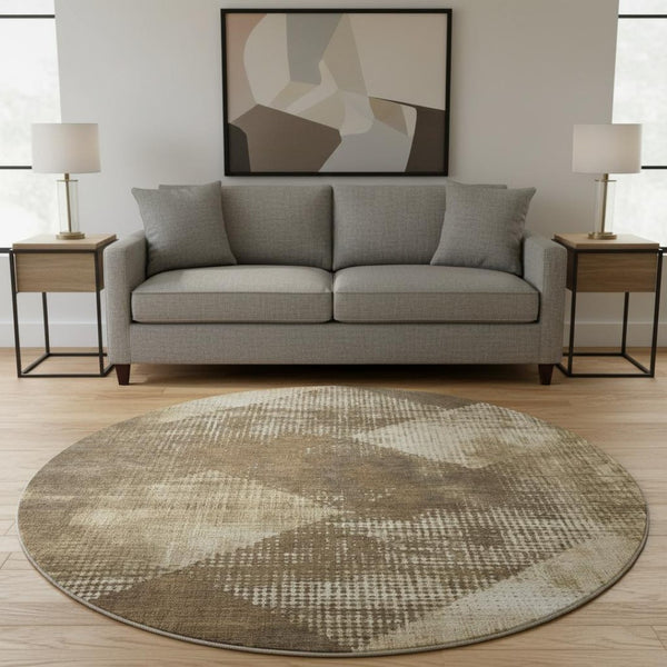 HomeRoots 8' Washable Round Rug with UV Protection - Elegant Brown Beige Chocolate Diamond Design for Homes 683312