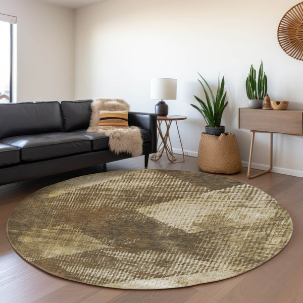 HomeRoots 8' Washable Round Rug with UV Protection - Elegant Brown Beige Chocolate Diamond Design for Homes 683312