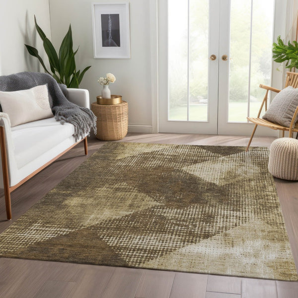 HomeRoots 9' X 12' Washable Area Rug with Brown Beige Chocolate Diamond Design - UV Protected, Family-Friendly! 683314