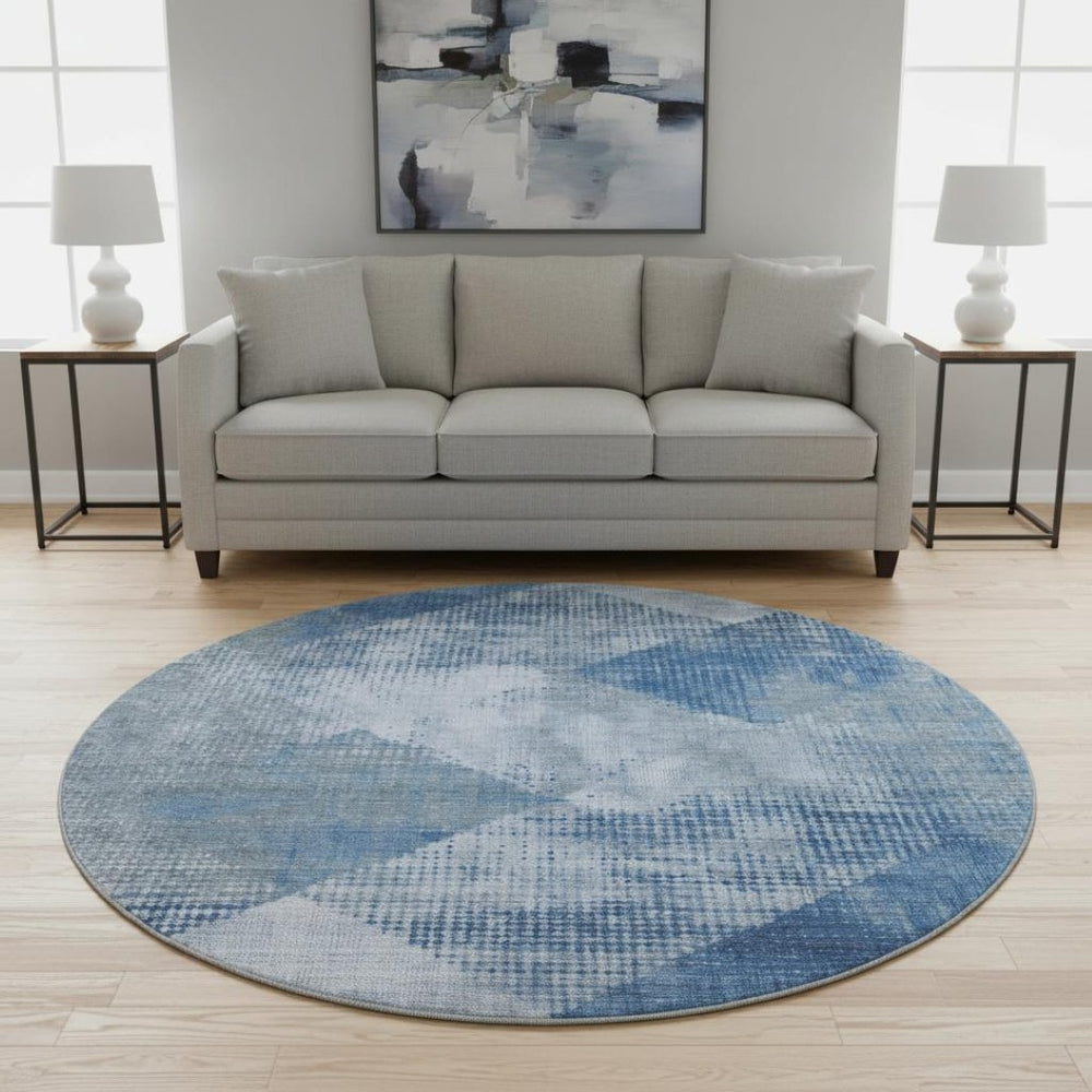HomeRoots 8' Stylish Blue Gray & Silver Diamond Washable Round Rug with UV Protection for All Spaces 683318