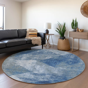 HomeRoots 8' Stylish Blue Gray & Silver Diamond Washable Round Rug with UV Protection for All Spaces 683318
