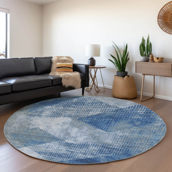 HomeRoots 8' Stylish Blue Gray & Silver Diamond Washable Round Rug with UV Protection for All Spaces 683318