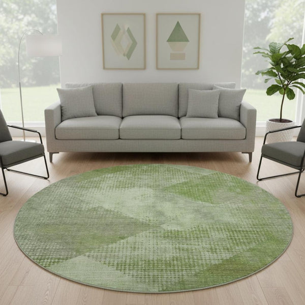 HomeRoots 8' Green and Gray Diamond Washable Round Rug - Durable, UV-Protected, Stylish for High-Traffic Areas 683324