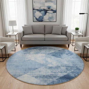 HomeRoots 8' Sky Blue & Denim Round Rug with Ivory Diamond Motif - UV Protected, Stain Resistant & Durable! 683336