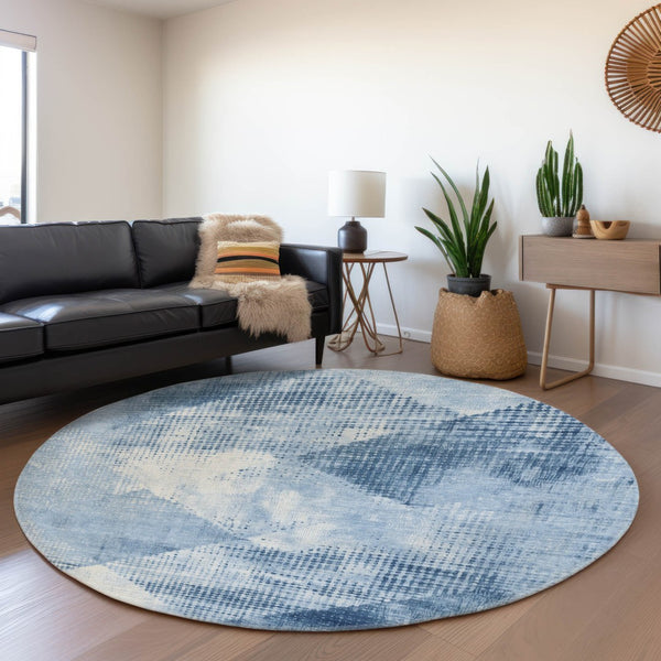 HomeRoots 8' Sky Blue & Denim Round Rug with Ivory Diamond Motif - UV Protected, Stain Resistant & Durable! 683336
