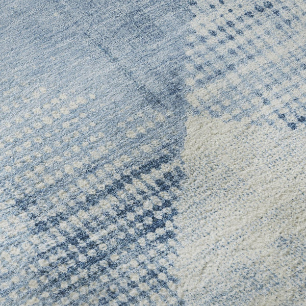 HomeRoots 8' Sky Blue & Denim Round Rug with Ivory Diamond Motif - UV Protected, Stain Resistant & Durable! 683336