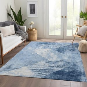 HomeRoots 10' X 14' Sky Blue & Ivory Diamond Area Rug - Washable, UV Protected, Durable for Busy Homes! 683339