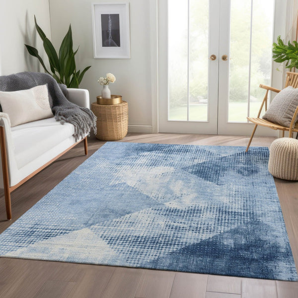HomeRoots 10' X 14' Sky Blue & Ivory Diamond Area Rug - Washable, UV Protected, Durable for Busy Homes! 683339