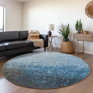 HomeRoots 8' Blue Gray Charcoal Ombre Washable Round Rug with UV Protection - Stylish, Durable, and Easy Care! 683348