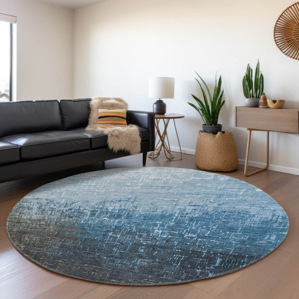 HomeRoots 8' Blue Gray Charcoal Ombre Washable Round Rug with UV Protection - Stylish, Durable, and Easy Care! 683348