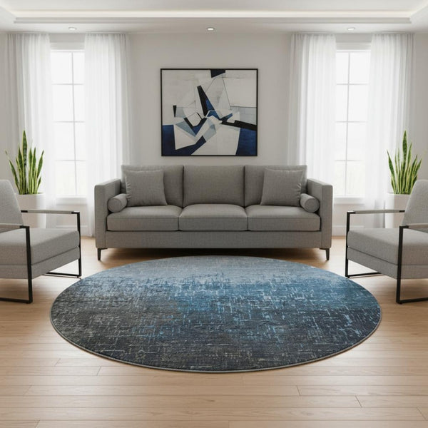 HomeRoots 8' Blue Gray Charcoal Ombre Washable Round Rug with UV Protection - Stylish, Durable, and Easy Care! 683348