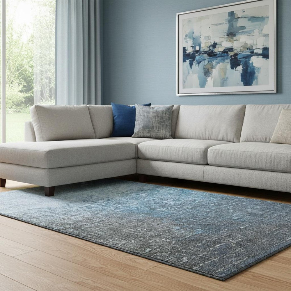 HomeRoots 8' X 10' Ombre Area Rug in Blue-Gray & Charcoal - Durable, Washable, UV-Protected for Modern Spaces 683349