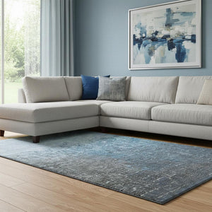 HomeRoots 8' X 10' Ombre Area Rug in Blue-Gray & Charcoal - Durable, Washable, UV-Protected for Modern Spaces 683349