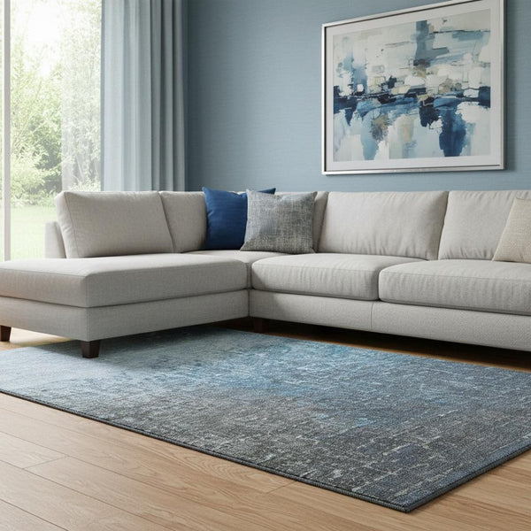 HomeRoots 8' X 10' Ombre Area Rug in Blue-Gray & Charcoal - Durable, Washable, UV-Protected for Modern Spaces 683349