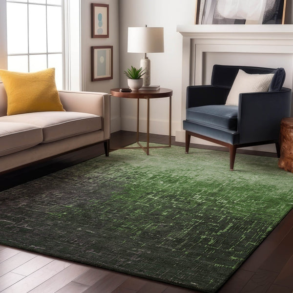 HomeRoots 9' X 12' Ombre Area Rug in Green, Gray & Charcoal - Washable, UV-Protected, Stain-Resistant Design 683356