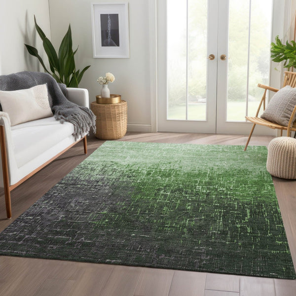 HomeRoots 9' X 12' Ombre Area Rug in Green, Gray & Charcoal - Washable, UV-Protected, Stain-Resistant Design 683356