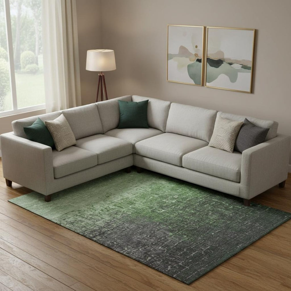 HomeRoots 10' Ombre Area Rug in Green, Gray & Charcoal - Washable, UV-Protected, Ideal for High-Traffic Spaces 683357