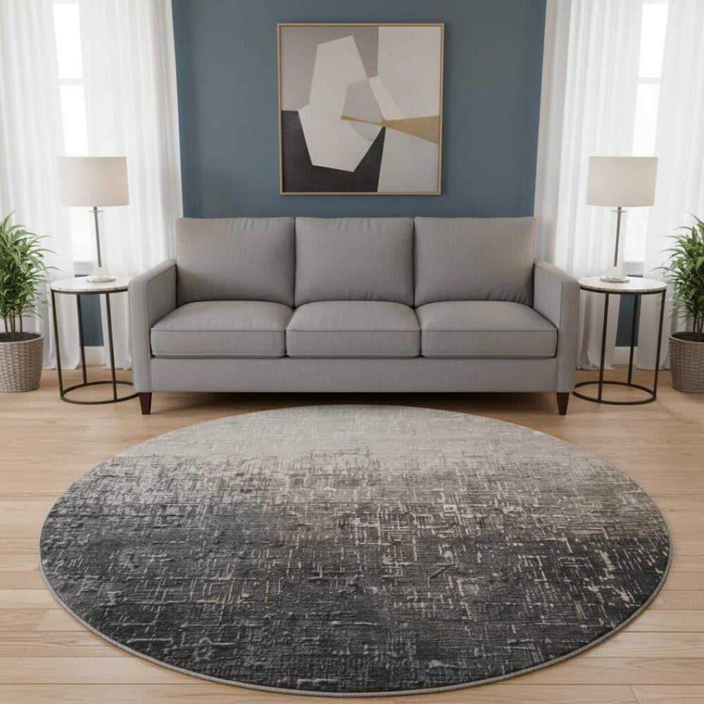 HomeRoots 8' Washable Round Rug in Khaki Gray & Charcoal Ombre - UV Protected, Stain-Resistant, Modern Design 683360