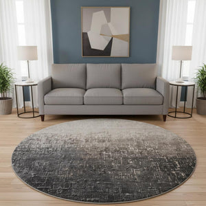 HomeRoots 8' Washable Round Rug in Khaki Gray & Charcoal Ombre - UV Protected, Stain-Resistant, Modern Design 683360
