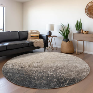 HomeRoots 8' Washable Round Rug in Khaki Gray & Charcoal Ombre - UV Protected, Stain-Resistant, Modern Design 683360