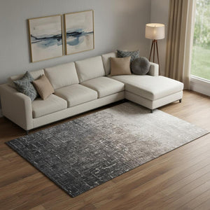 HomeRoots 9' X 12' Khaki Gray Charcoal Ombre Area Rug - Washable, UV Protected & Stain Resistant for Durability 683362