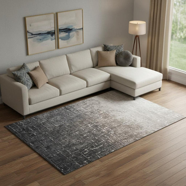 HomeRoots 9' X 12' Khaki Gray Charcoal Ombre Area Rug - Washable, UV Protected & Stain Resistant for Durability 683362