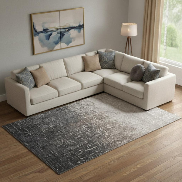 HomeRoots 10' X 14' Khaki Gray Charcoal Ombre Washable Area Rug - Durable, UV Protected, Modern Style for Homes 683363