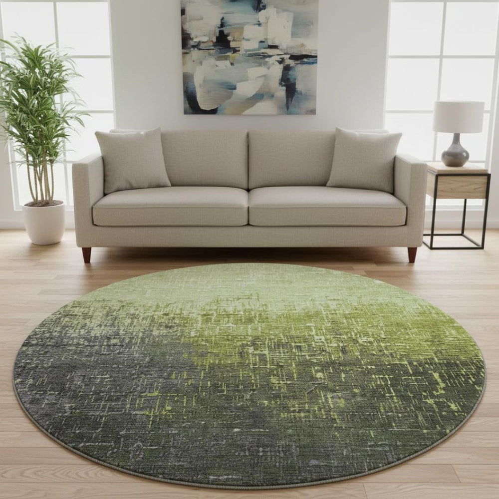 HomeRoots 8' Vibrant Lime Green Gray Charcoal Ombre Round Rug - Durable, Stain Resistant & UV Protected Design 683366