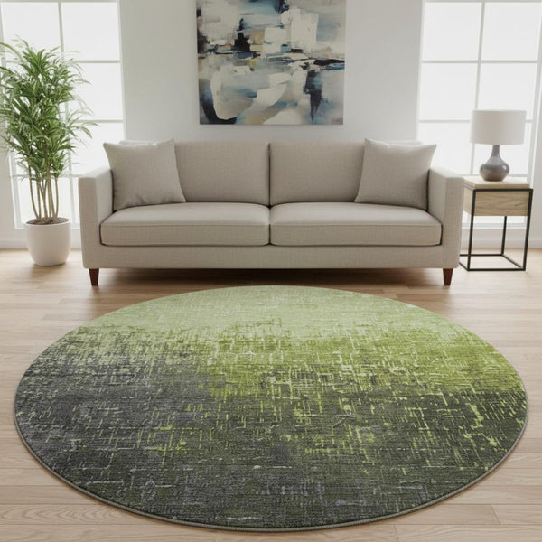 HomeRoots 8' Vibrant Lime Green Gray Charcoal Ombre Round Rug - Durable, Stain Resistant & UV Protected Design 683366