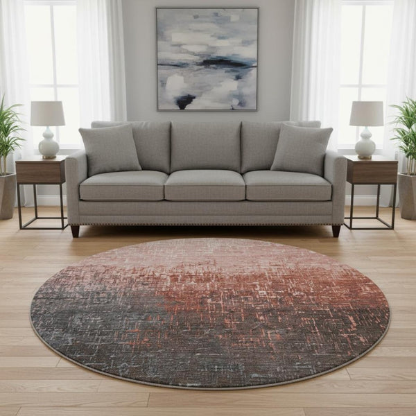HomeRoots 8' Washable Round Rug in Rust Gray & Charcoal Ombre - UV-Protected, Stain-Resistant & Stylish! 683372