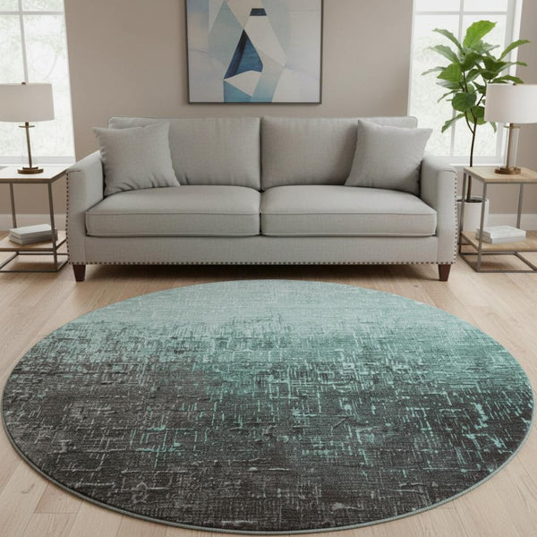 HomeRoots 8' Teal Gray Charcoal Ombre Round Rug - Washable, UV Protected, Non-Slip for Modern Homes & Kids 683384