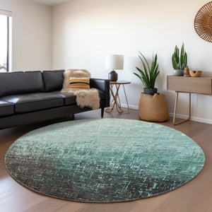 HomeRoots 8' Teal Gray Charcoal Ombre Round Rug - Washable, UV Protected, Non-Slip for Modern Homes & Kids 683384