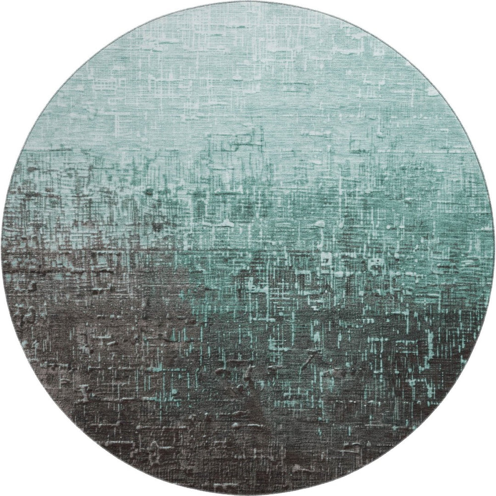 HomeRoots 8' Teal Gray Charcoal Ombre Round Rug - Washable, UV Protected, Non-Slip for Modern Homes & Kids 683384